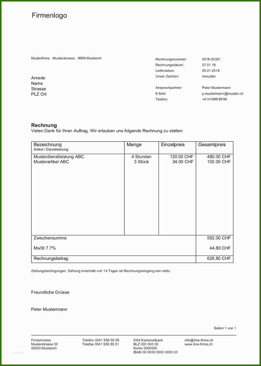 002 Vorlage Rechnung Excel Rechnungsvorlage Schweiz Im Word &amp; Excel format Kostenlos