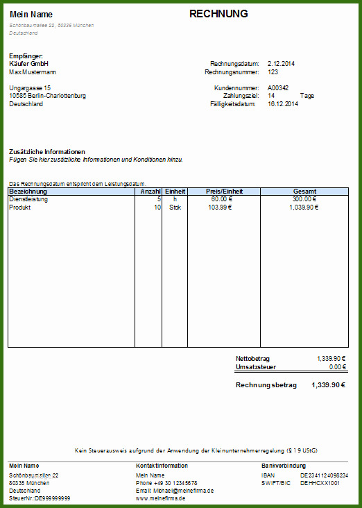 Kleinunternehmer Rechnung Kostenlose Vorlage In Excel Mit Anleitung