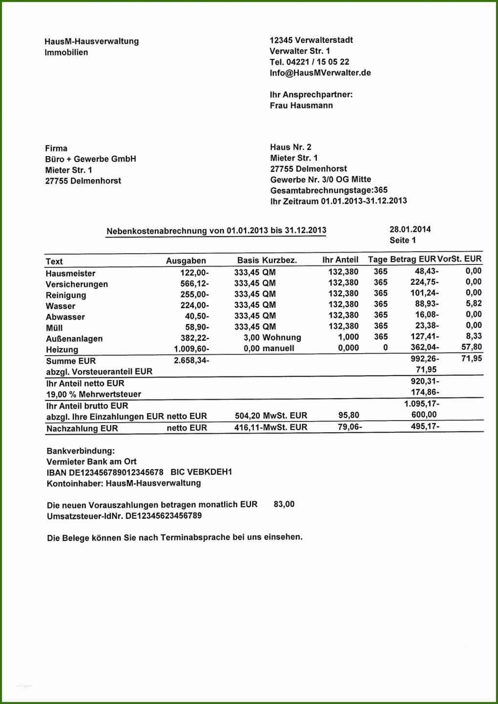 008 Vorlage Betriebskostenabrechnung Nebenkostenabrechnung Muster Kostenlos Excel