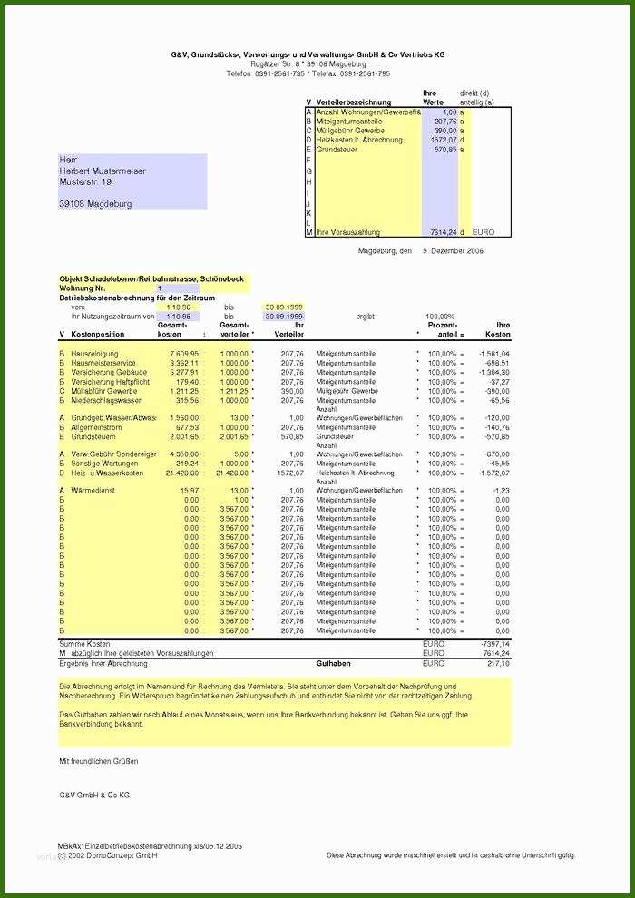 Betriebskosten Abrechnung Mit Excel