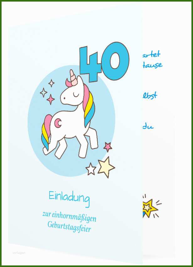 Einladungskarte 40 Geburtstag Vorlage Einhorn Hellblau 2095