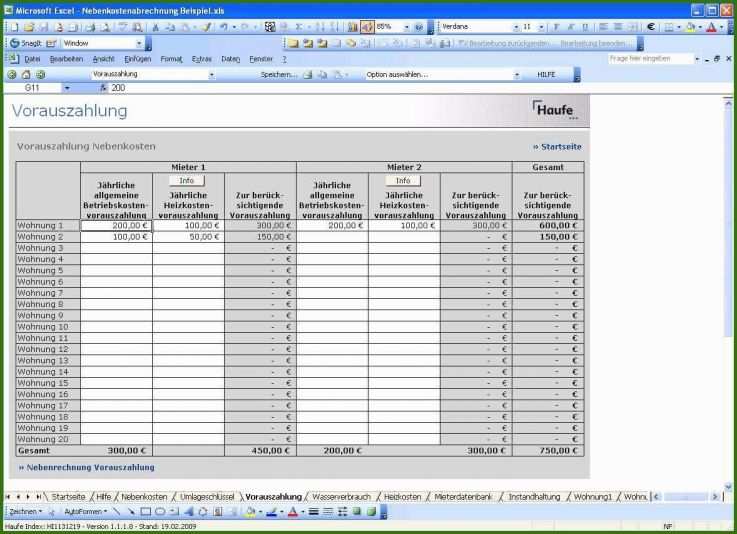 Betriebskostenabrechnung Vorlage Excel Kostenlos