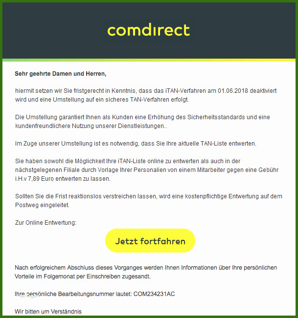 028 Comdirect Konto Kündigen Vorlage Direct Phishing E Mail Umstellung Auf Das Mtan