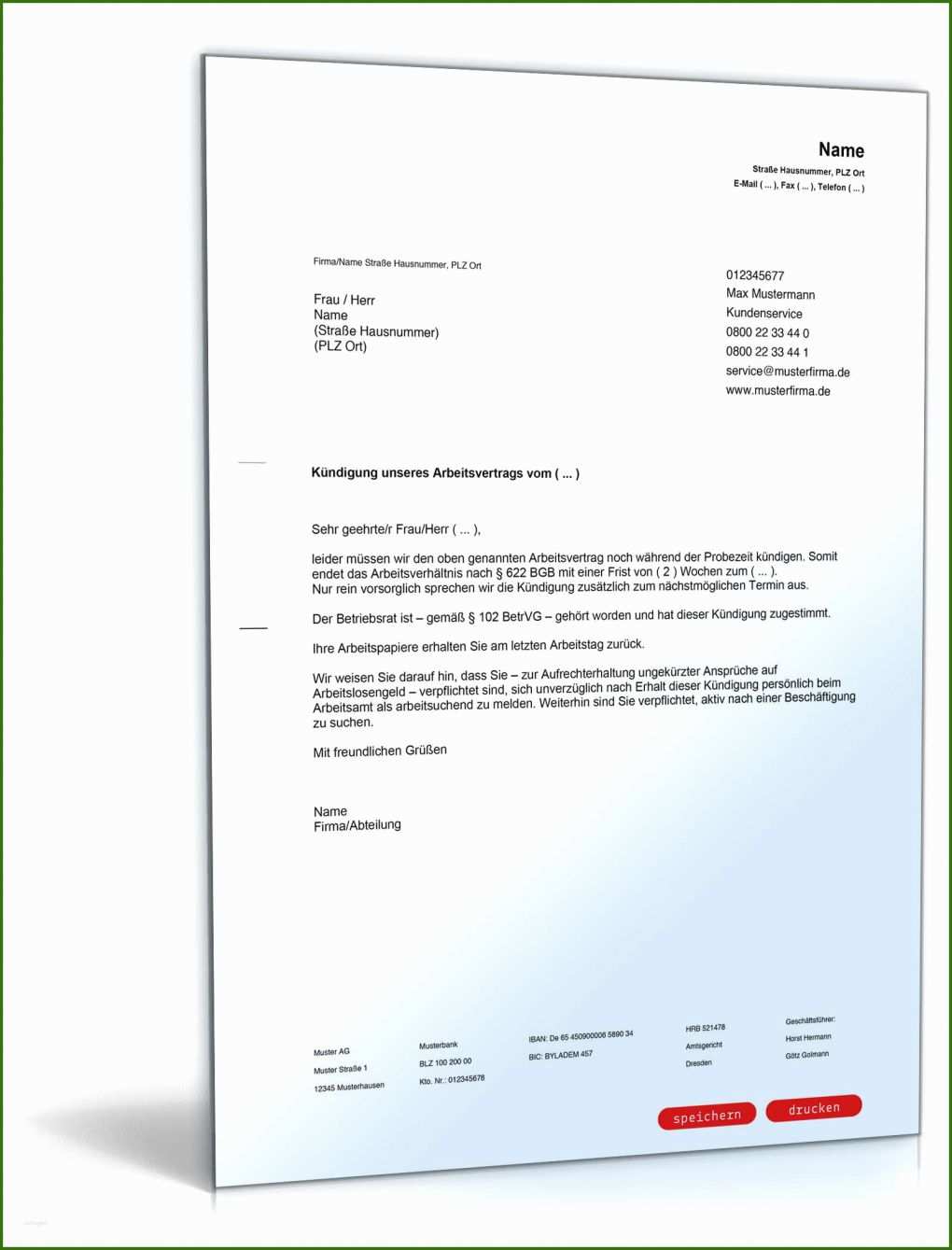 028 Kündigung In Der Probezeit Vorlage Muster Für Fristgemäße Kündigung Arbeitsvertrag In Probezeit