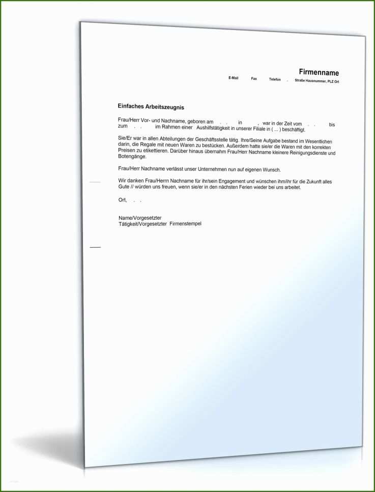 Wunderbar Einfaches Arbeitszeugnis Aushilfskräfte Muster Zum