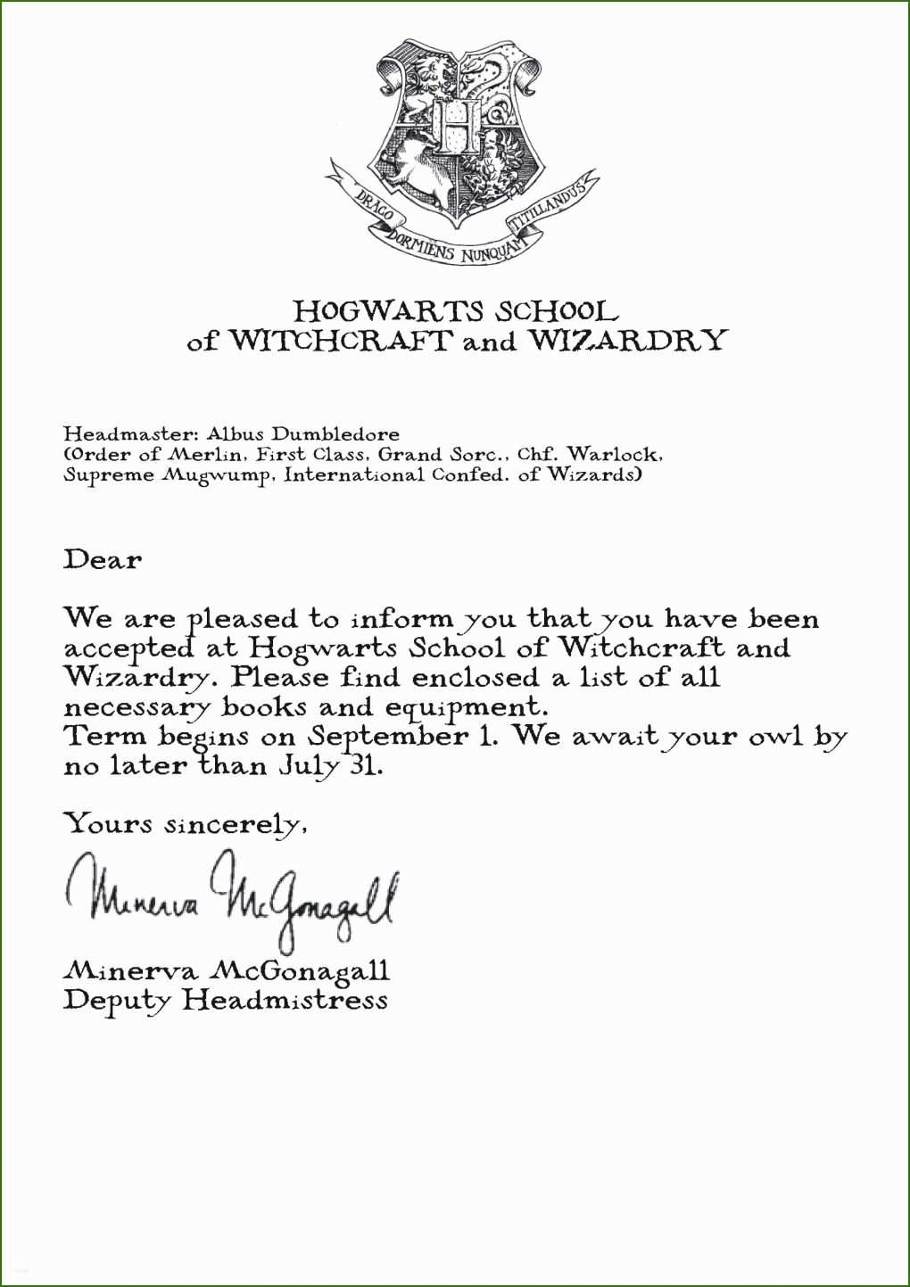 Singular Hogwarts Brief Vorlage 2480x3508