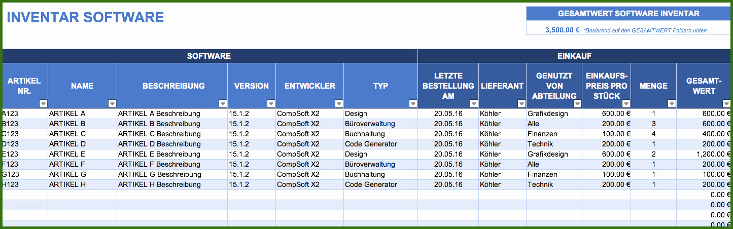 Warenbestandsliste Excel Vorlage : Inventarliste | Alle ...