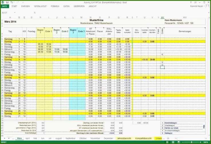 Großartig Arbeitszeitnachweis Excel Vorlage Kostenlos 1321x905